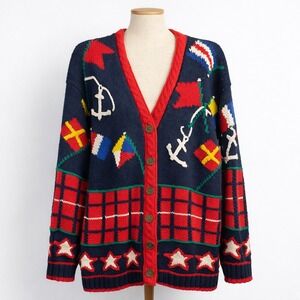 Vtg Nautical Button Cardigan Sweater Navy Blue Red M Anchor Flags Europe Travel